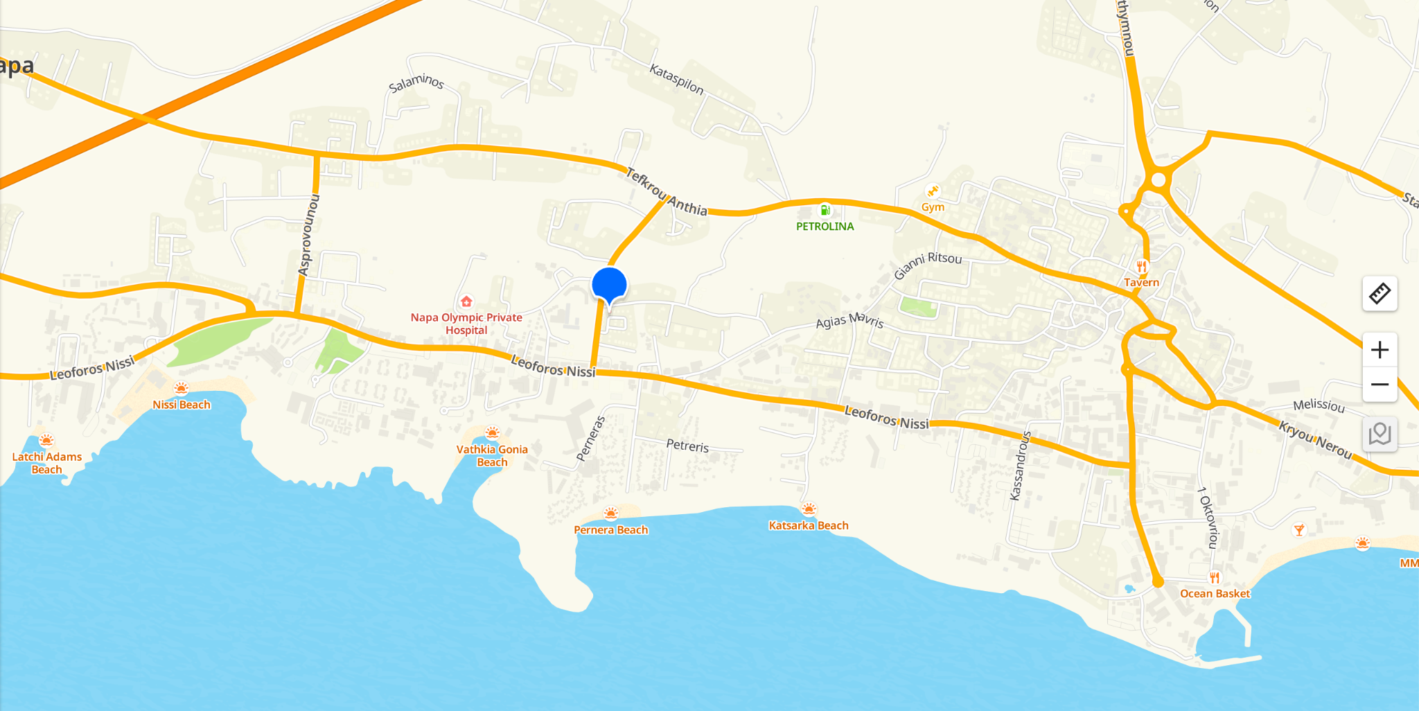 Map of Sunrise Villas and nearby beaches in Ayia Napa